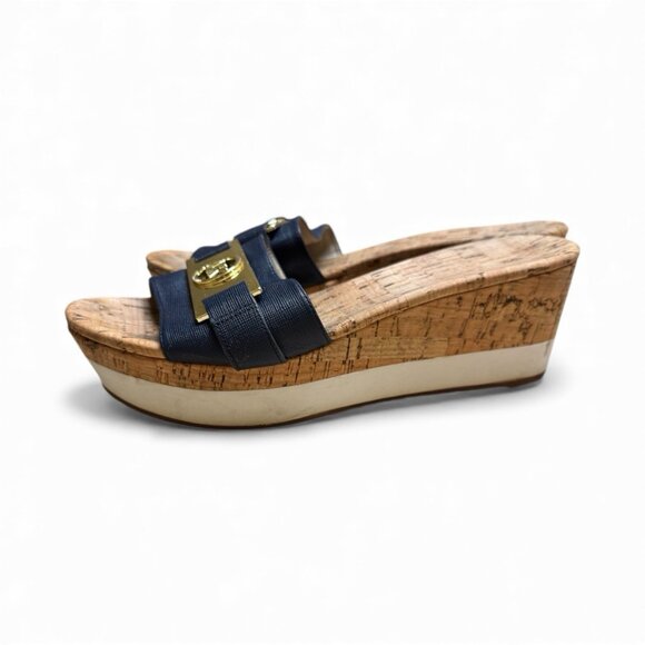 Michael Kors Cork Platform Slides Gold MK Logo Navy Size 7.5 Sandals 2.5” - Picture 3 of 5
